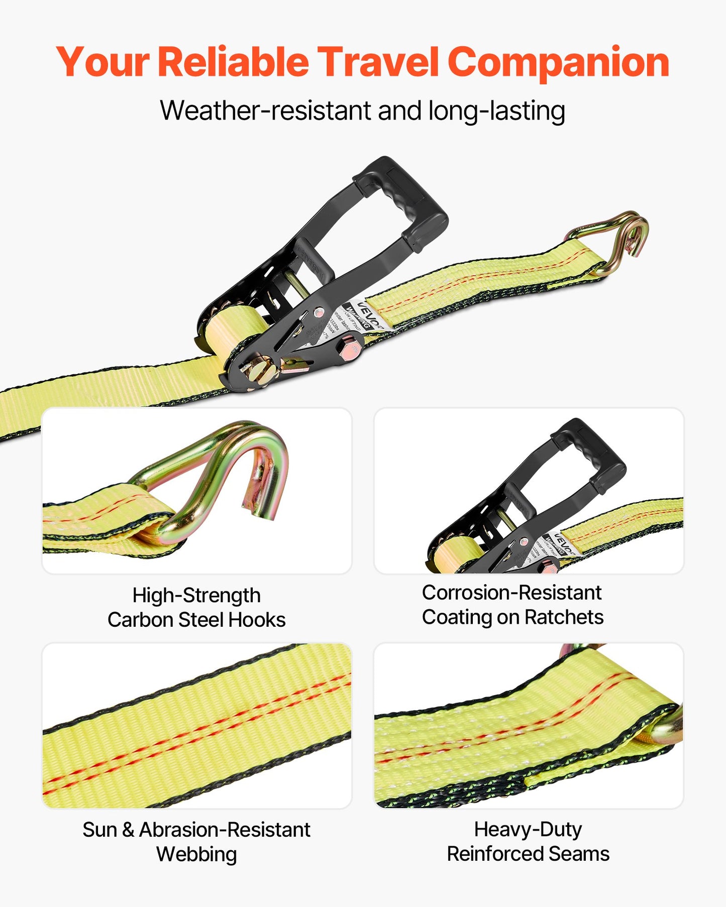 Wheel Chock Tie-Down Kit, Deck-Style Trailer Tie Down Strap, Car Tie Down Kit with J-Hook, Break Strength 4540 kg & Working Load 1512 kg Motorcycle Tie-Down System for SUVs, Trailers, Trucks - Image 6