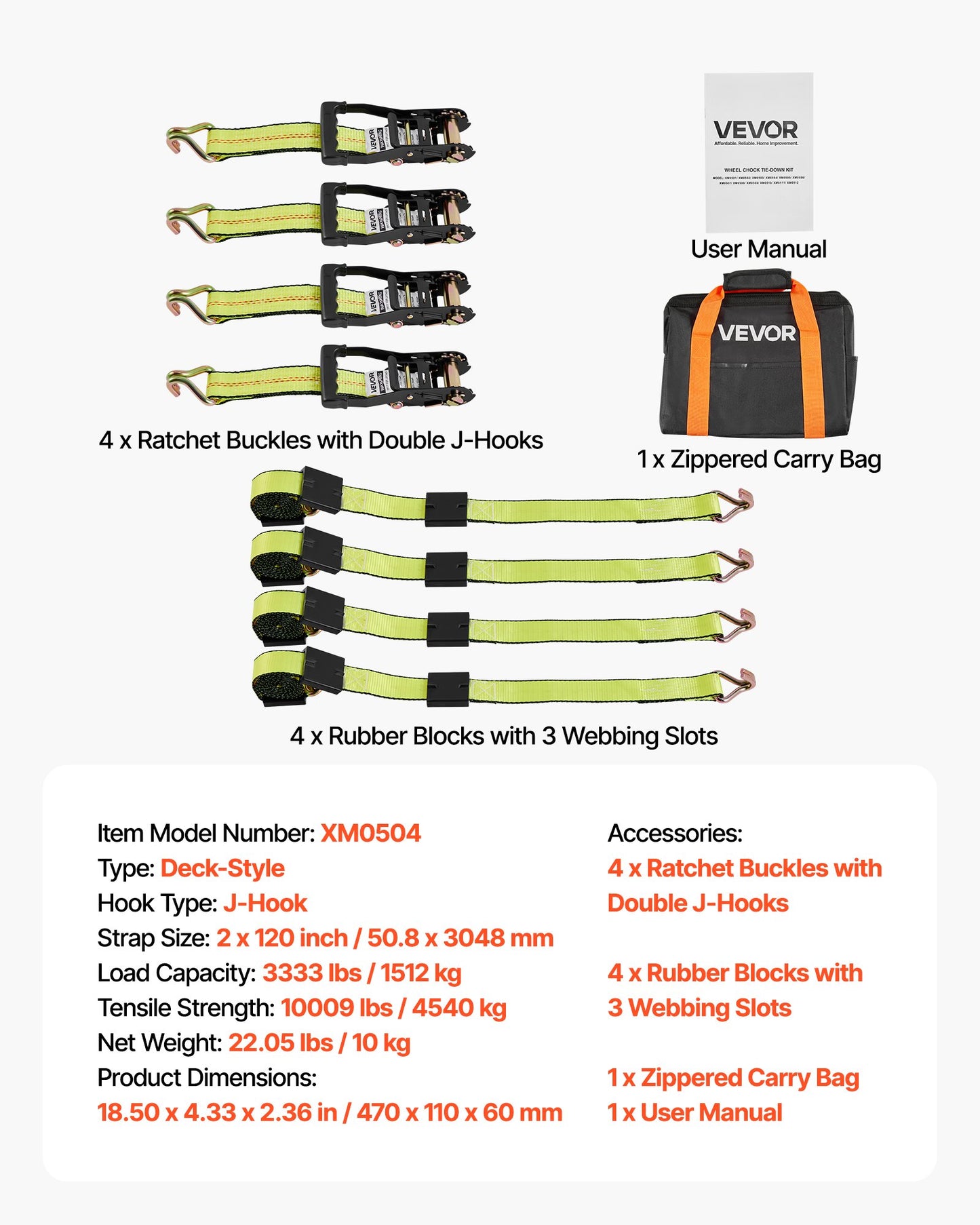 Wheel Chock Tie-Down Kit, Deck-Style Trailer Tie Down Strap, Car Tie Down Kit with J-Hook, Break Strength 4540 kg & Working Load 1512 kg Motorcycle Tie-Down System for SUVs, Trailers, Trucks - Image 7