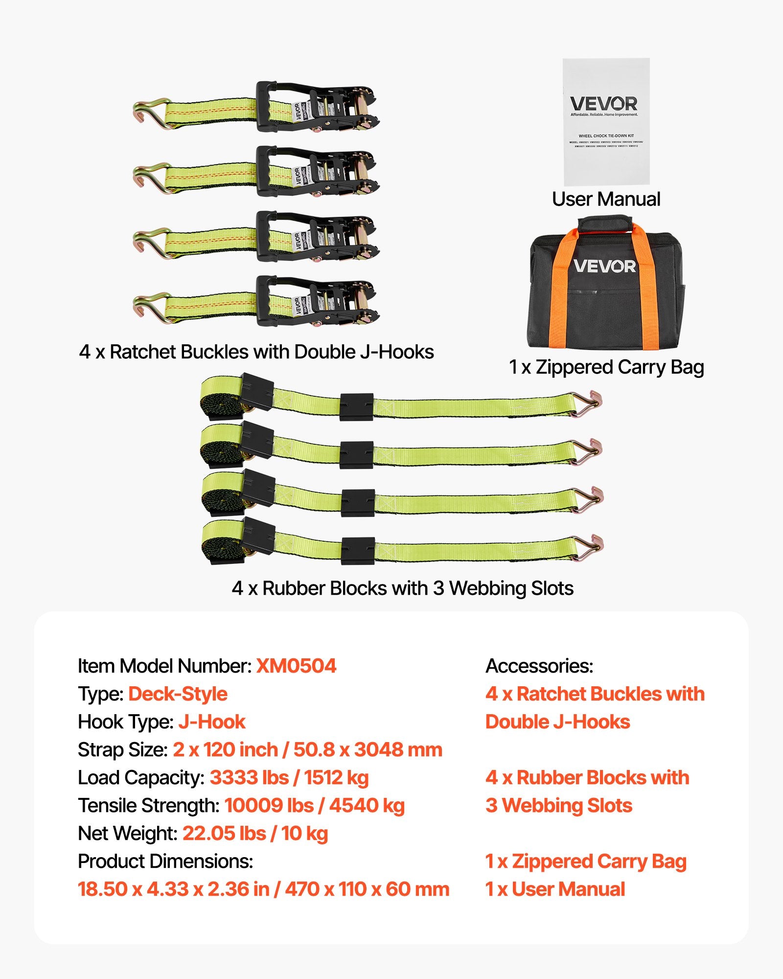 Wheel Chock Tie-Down Kit, Deck-Style Trailer Tie Down Strap, Car Tie Down Kit with J-Hook, Break Strength 4540 kg & Working Load 1512 kg Motorcycle Tie-Down System for SUVs, Trailers, Trucks - Image 7