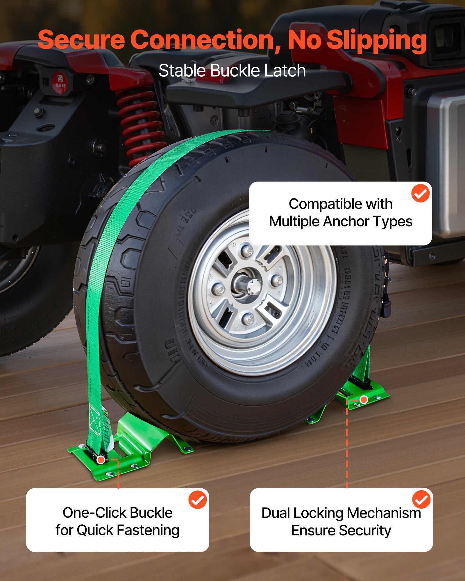 Wheel Chock Tie-Down Kit, Chock-Style Trailer Tie Down Strap, Car Tie Down Kit with Buckle, Break Strength 1986.73 kg & Working Load 662 kg Motorcycle Tie-Down System E-Hooks for ATVs, UTVs - Image 5
