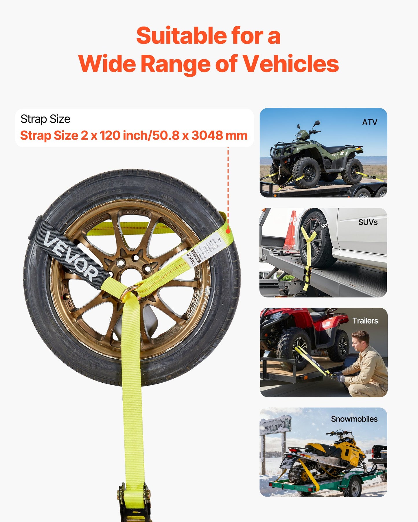 Wheel Chock Tie-Down Kit, Tire-Style Motorcycle Tie-Down System, Car Tie Down Kit with Flat Hook, Break Strength 4540 kg & Working Load 1512 kg Trailer Tie Down Strap for ATVs, SUVs, Trailers - Image 4