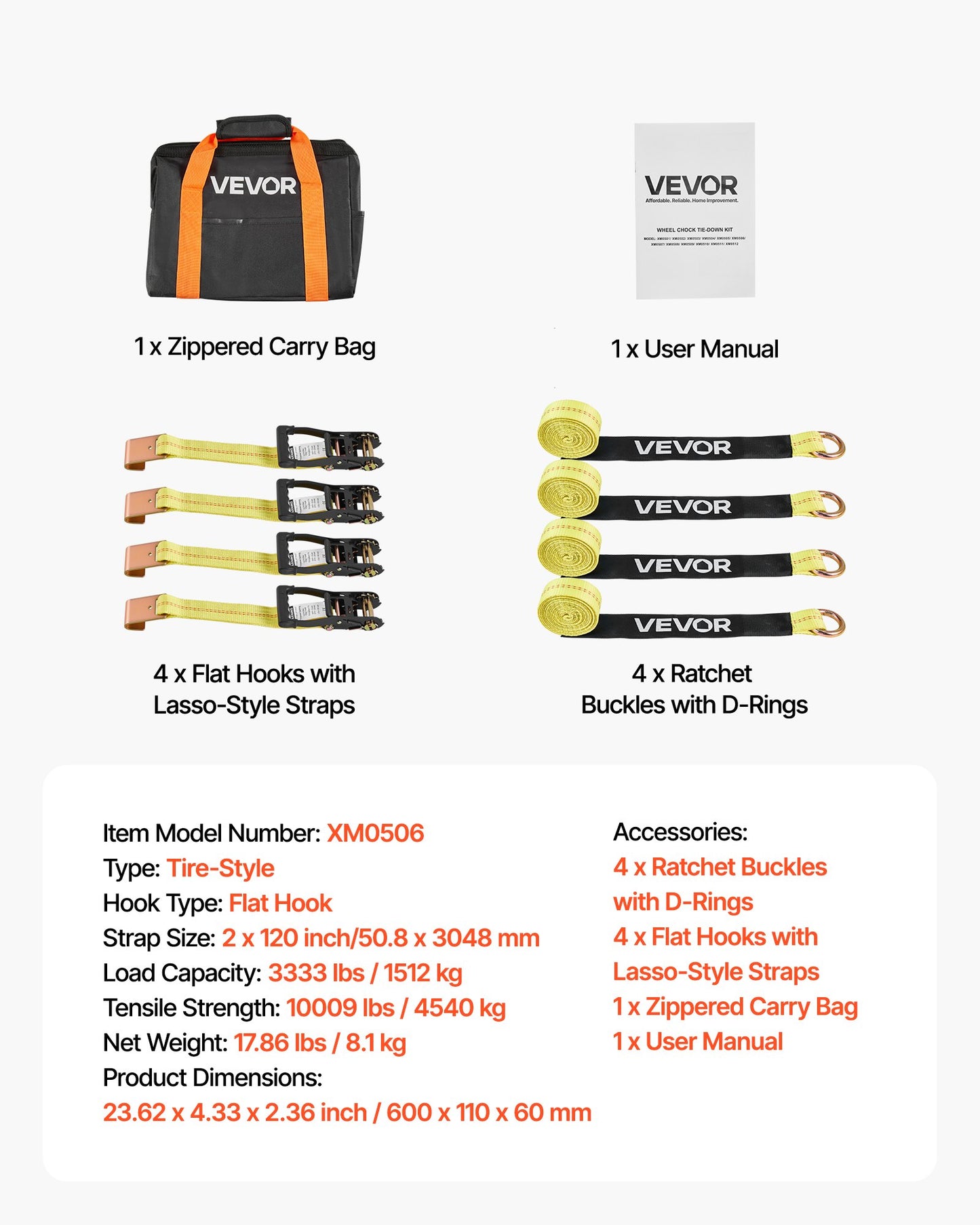 Wheel Chock Tie-Down Kit, Tire-Style Motorcycle Tie-Down System, Car Tie Down Kit with Flat Hook, Break Strength 4540 kg & Working Load 1512 kg Trailer Tie Down Strap for ATVs, SUVs, Trailers - Image 7