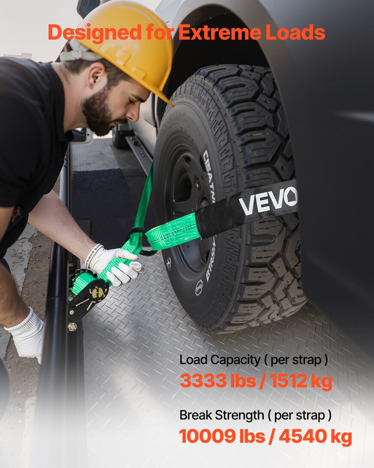 Wheel Chock Tie-Down Kit, Tire-Style Tow Dolly Strap, Car Tie Down Kit with Heavy-Duty Hook, Break Strength 4540 kg & Working Load 1512 kg Motorcycle Tie-Down System with O-Ring for ATV, SUV - Image 3