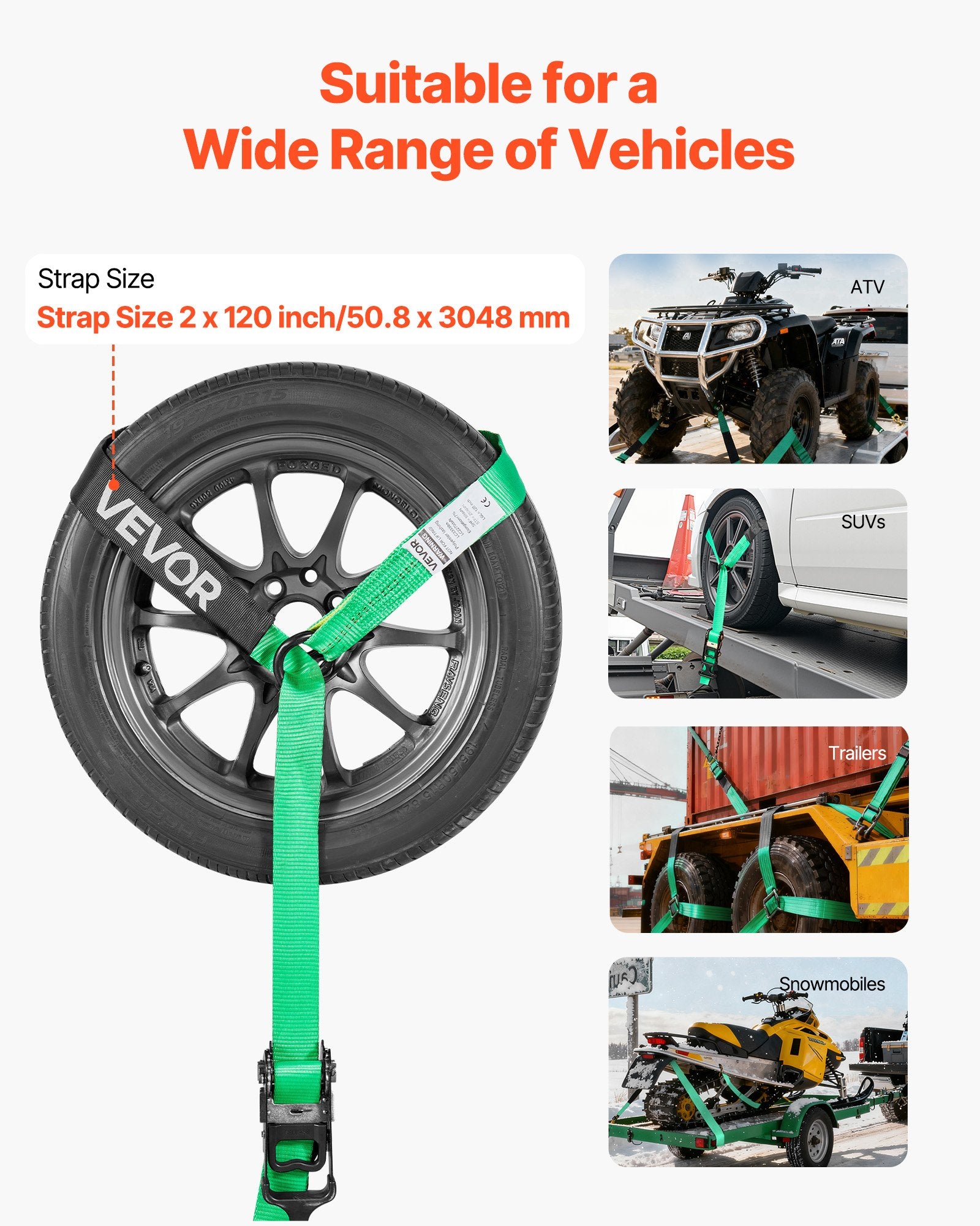 Wheel Chock Tie-Down Kit, Tire-Style Tow Dolly Strap, Car Tie Down Kit with Heavy-Duty Hook, Break Strength 4540 kg & Working Load 1512 kg Motorcycle Tie-Down System with O-Ring for ATV, SUV - Image 4