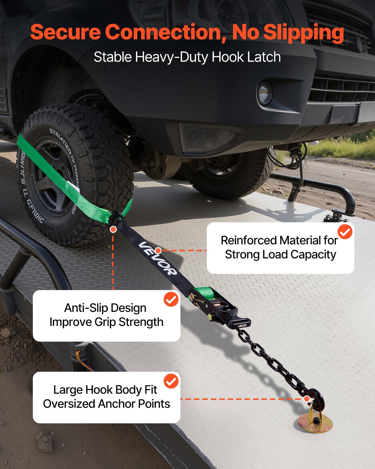 Wheel Chock Tie-Down Kit, Tire-Style Tow Dolly Strap, Car Tie Down Kit with Heavy-Duty Hook, Break Strength 4540 kg & Working Load 1512 kg Motorcycle Tie-Down System with O-Ring for ATV, SUV - Image 5