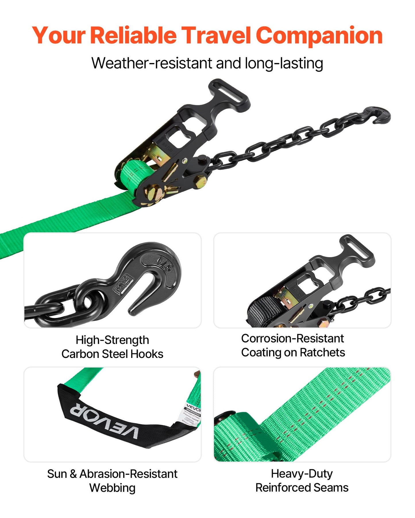 Wheel Chock Tie-Down Kit, Tire-Style Tow Dolly Strap, Car Tie Down Kit with Heavy-Duty Hook, Break Strength 4540 kg & Working Load 1512 kg Motorcycle Tie-Down System with O-Ring for ATV, SUV - Image 6