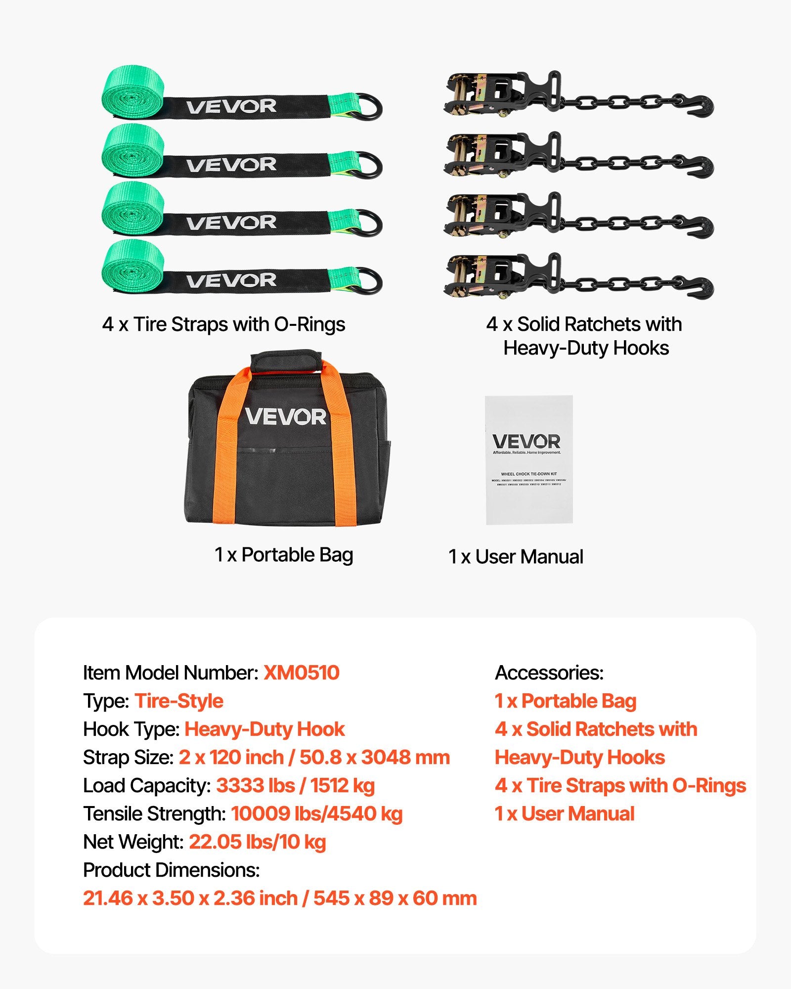 Wheel Chock Tie-Down Kit, Tire-Style Tow Dolly Strap, Car Tie Down Kit with Heavy-Duty Hook, Break Strength 4540 kg & Working Load 1512 kg Motorcycle Tie-Down System with O-Ring for ATV, SUV - Image 7