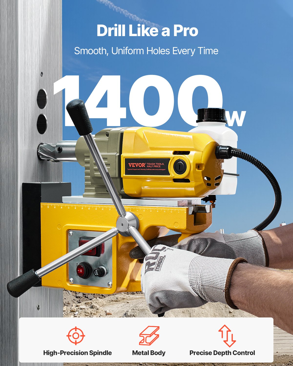 Magnetic Drill, 1400W Motor 1.6 in Boring Diameter, 2810 lbf Portable Electric Mag Drill Press, with 11 Coring Bits, 800 RPM Speed, Drilling Machine for Metal Surface, Home Improvement Industry - Image 2