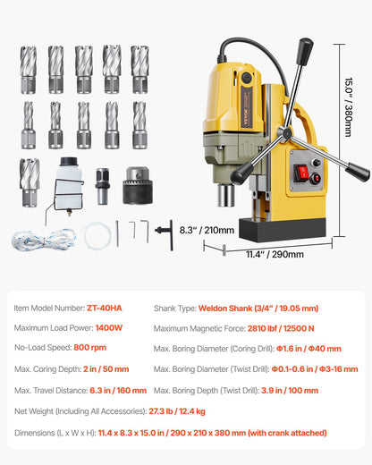 Magnetic Drill, 1400W Motor 1.6 in Boring Diameter, 2810 lbf Portable Electric Mag Drill Press, with 11 Coring Bits, 800 RPM Speed, Drilling Machine for Metal Surface, Home Improvement Industry - Image 7