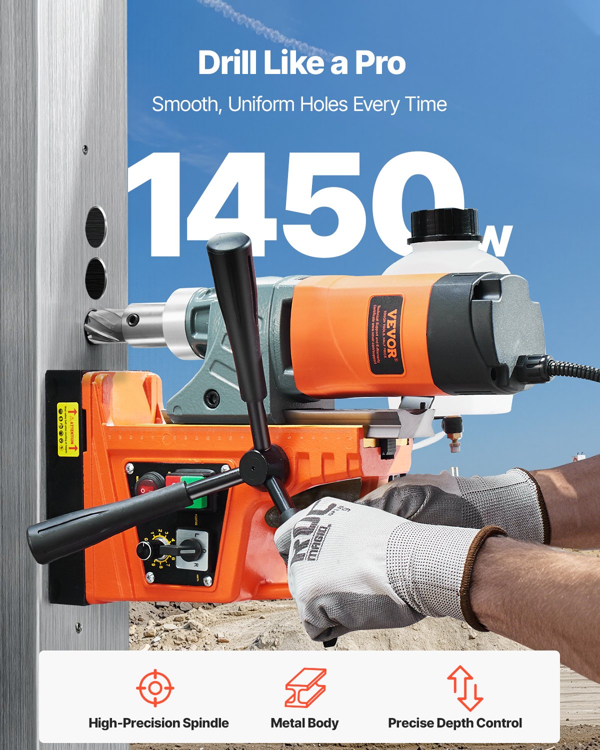 Magnetic Drill, 1450W Motor 1.6 in Boring Diameter, 2810 lbf Portable Electric Mag Drill Press, with 2 Coring Bits, Variable Speed, Drilling Machine for Metal Surface, Home Improvement Industry - Image 2