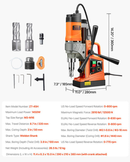 Magnetic Drill, 1450W Motor 1.6 in Boring Diameter, 2810 lbf Portable Electric Mag Drill Press, with 2 Coring Bits, Variable Speed, Drilling Machine for Metal Surface, Home Improvement Industry - Image 7