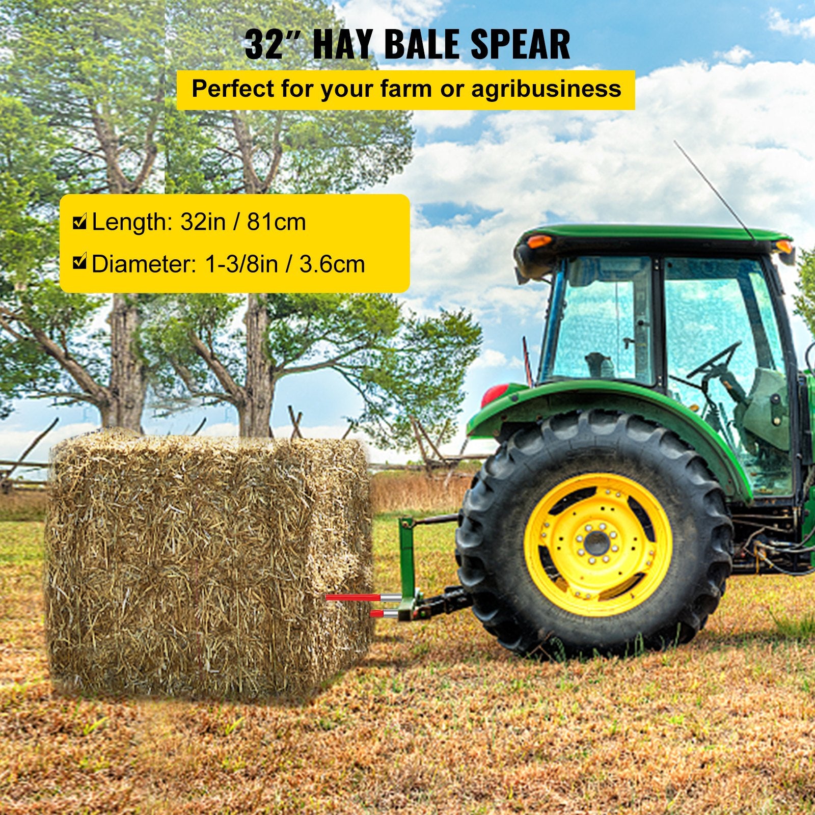 Hay Spear 32" Bale Spear 1350 lbs Capacity, Bale Spike Quick Attach Square Hay Bale Spears 1.4" Wide, Red Coated Bale Forks, Bale Hay Spike with Hex Nut & Sleeve for Buckets Tractors Loaders - Image 2