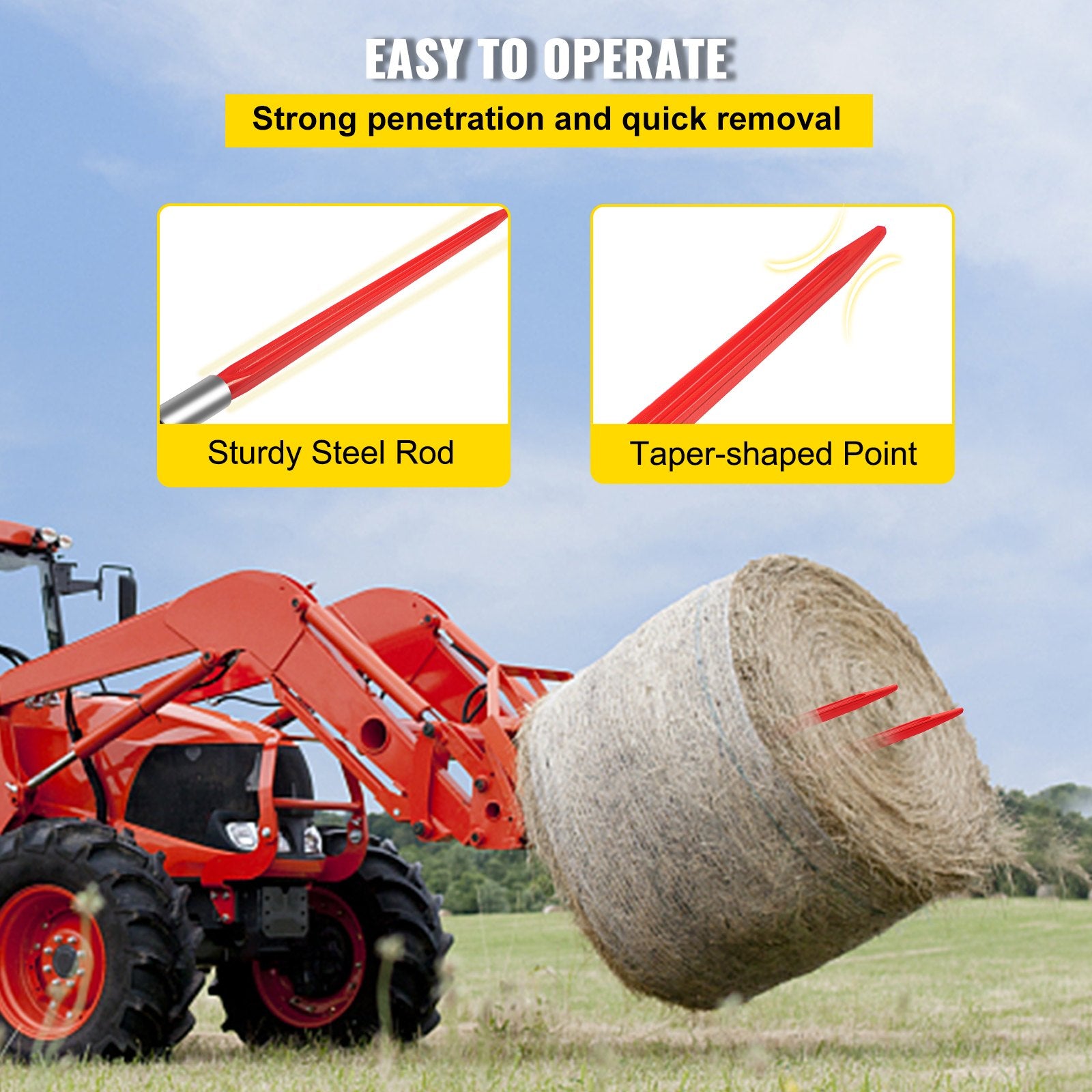 Hay Spear 32" Bale Spear 1350 lbs Capacity, Bale Spike Quick Attach Square Hay Bale Spears 1.4" Wide, Red Coated Bale Forks, Bale Hay Spike with Hex Nut & Sleeve for Buckets Tractors Loaders - Image 6