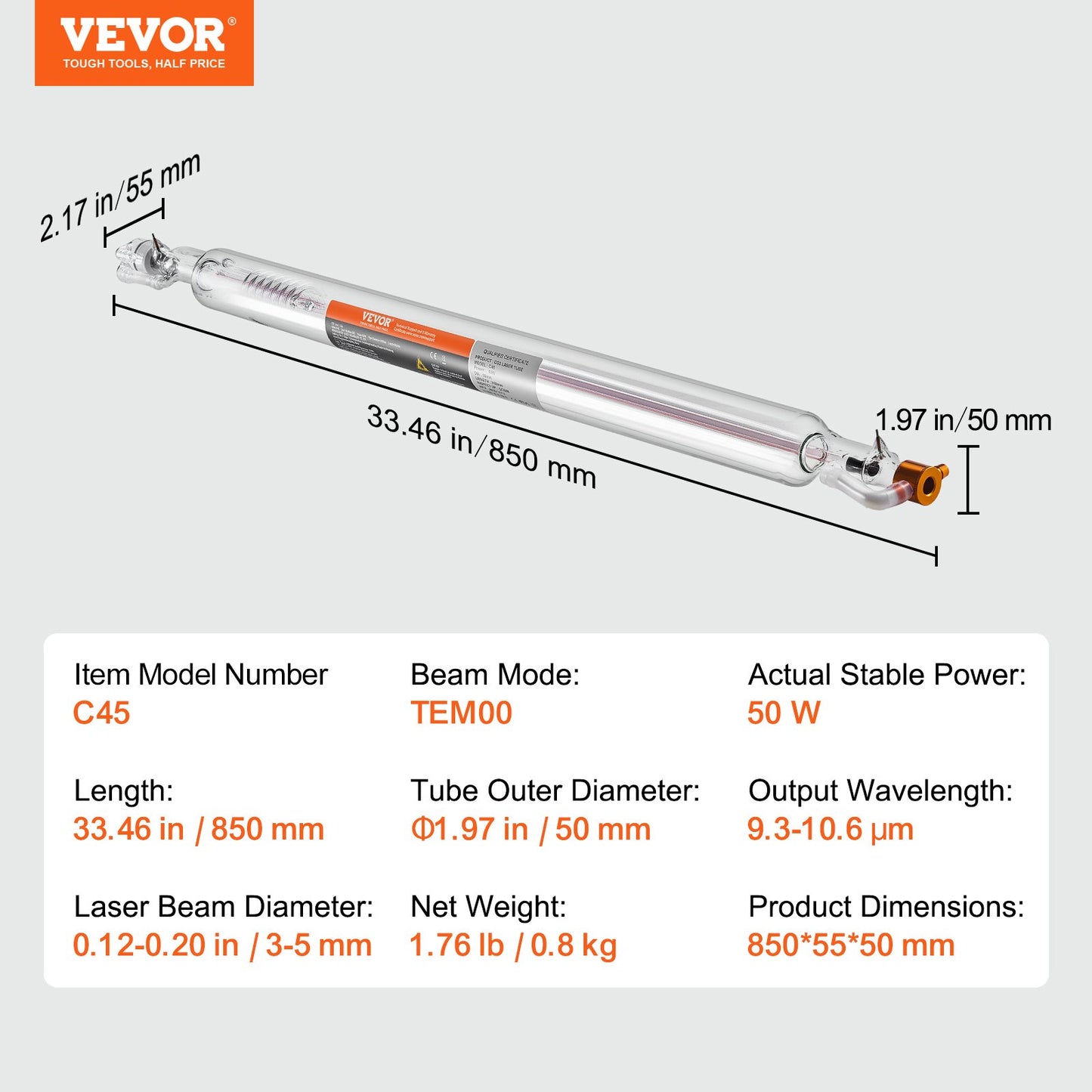 Laser Tube, 50W CO2 Laser Tube for Laser Engraver and Cutter Machine, 850 mm Length, 50 mm Diameter, Glass Laser Cutting Tube with TEM00 Beam Mode, for Wood Acrylic Fabric Leather Bamboo - Image 7