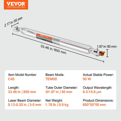 Laser Tube, 50W CO2 Laser Tube for Laser Engraver and Cutter Machine, 850 mm Length, 50 mm Diameter, Glass Laser Cutting Tube with TEM00 Beam Mode, for Wood Acrylic Fabric Leather Bamboo - Image 7
