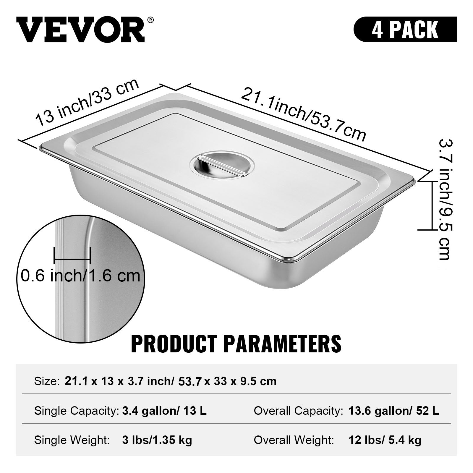 4 Pack Hotel Pan 3.7" Deep Steam Table Pan Full Size with Lid 20.8"L x 13"W Hotel Pan 22 Gauge Stainless Steel Anti Jam Steam Table Pan - Image 7