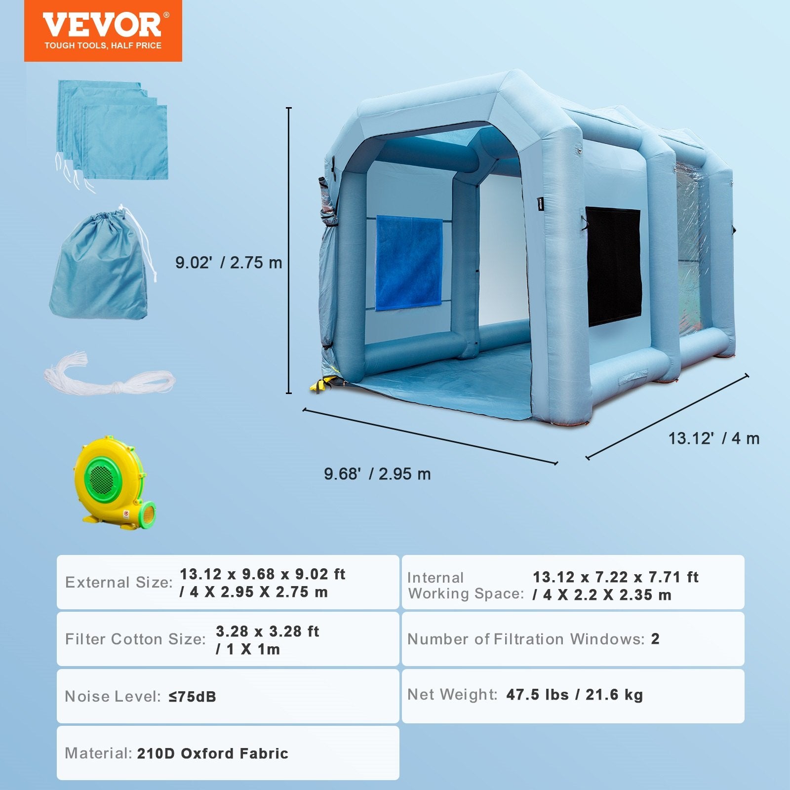 Inflatable Spray Booth Car Paint Tent 13x10x9ft Filter System Blower 950W - Image 7