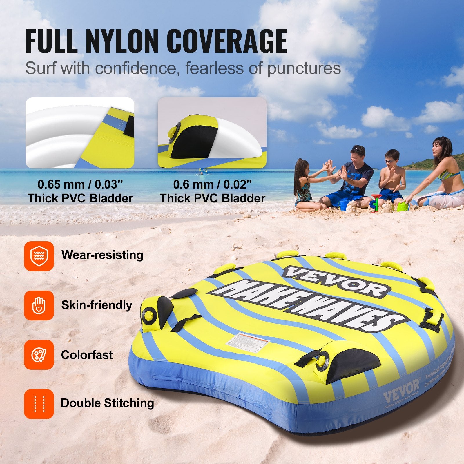 Towable Tube for Boating, 1-3 Riders Inflatable Towable Tube with Bumper Fins, 510 lbs Water Sport Towable Tubes for Boats to Pull, Full Nylon Cover, EVA Grab Handles and Speed Safety Valve - Image 3