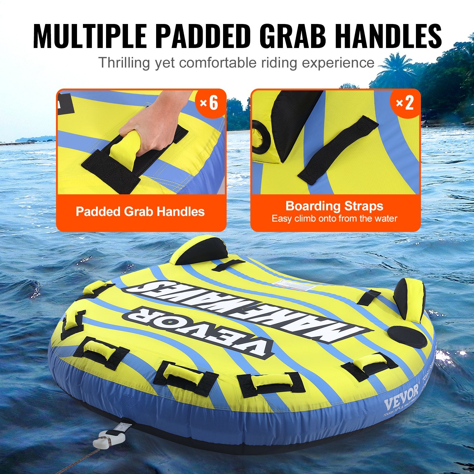 Towable Tube for Boating, 1-3 Riders Inflatable Towable Tube with Bumper Fins, 510 lbs Water Sport Towable Tubes for Boats to Pull, Full Nylon Cover, EVA Grab Handles and Speed Safety Valve - Image 5