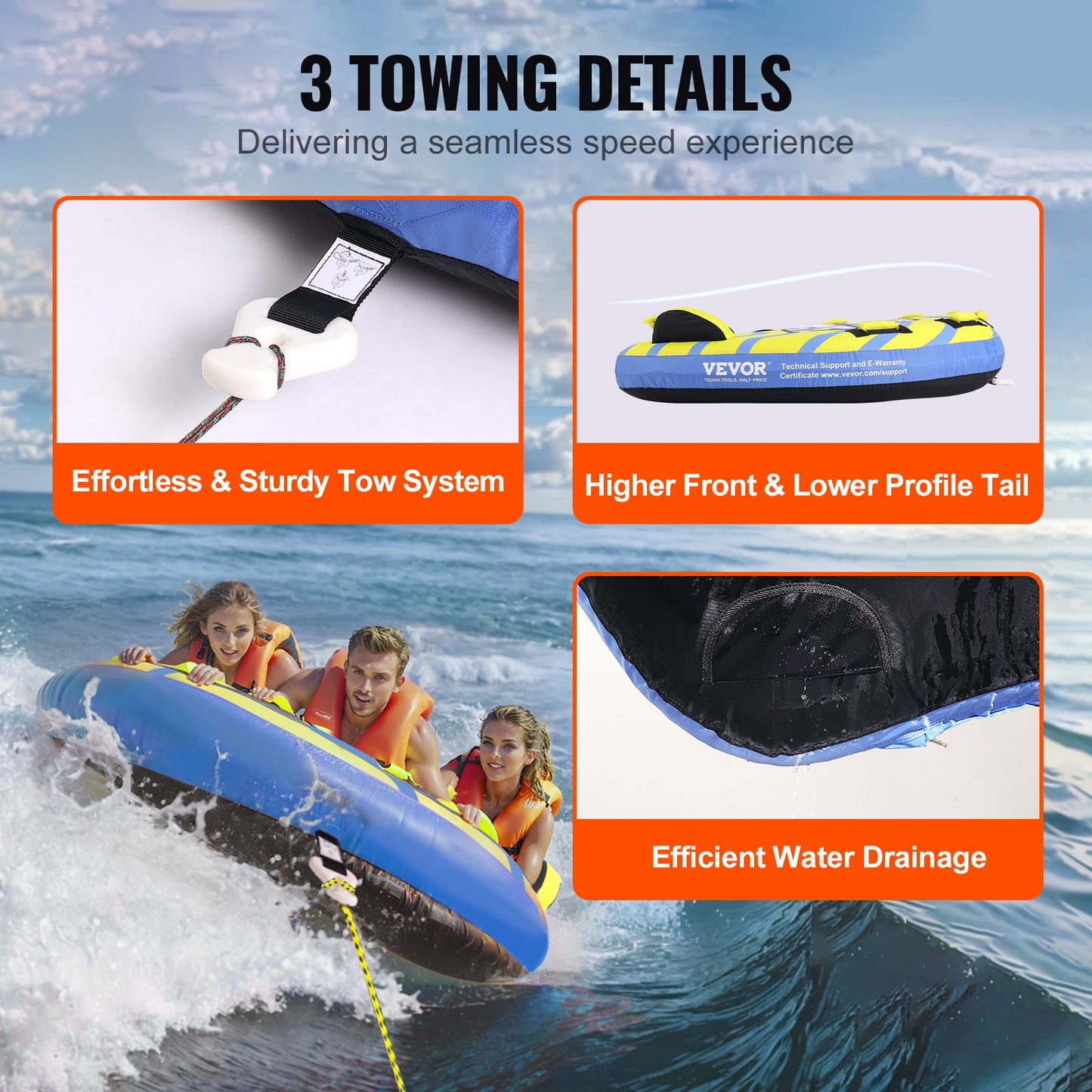 Towable Tube for Boating, 1-3 Riders Inflatable Towable Tube with Bumper Fins, 510 lbs Water Sport Towable Tubes for Boats to Pull, Full Nylon Cover, EVA Grab Handles and Speed Safety Valve - Image 6