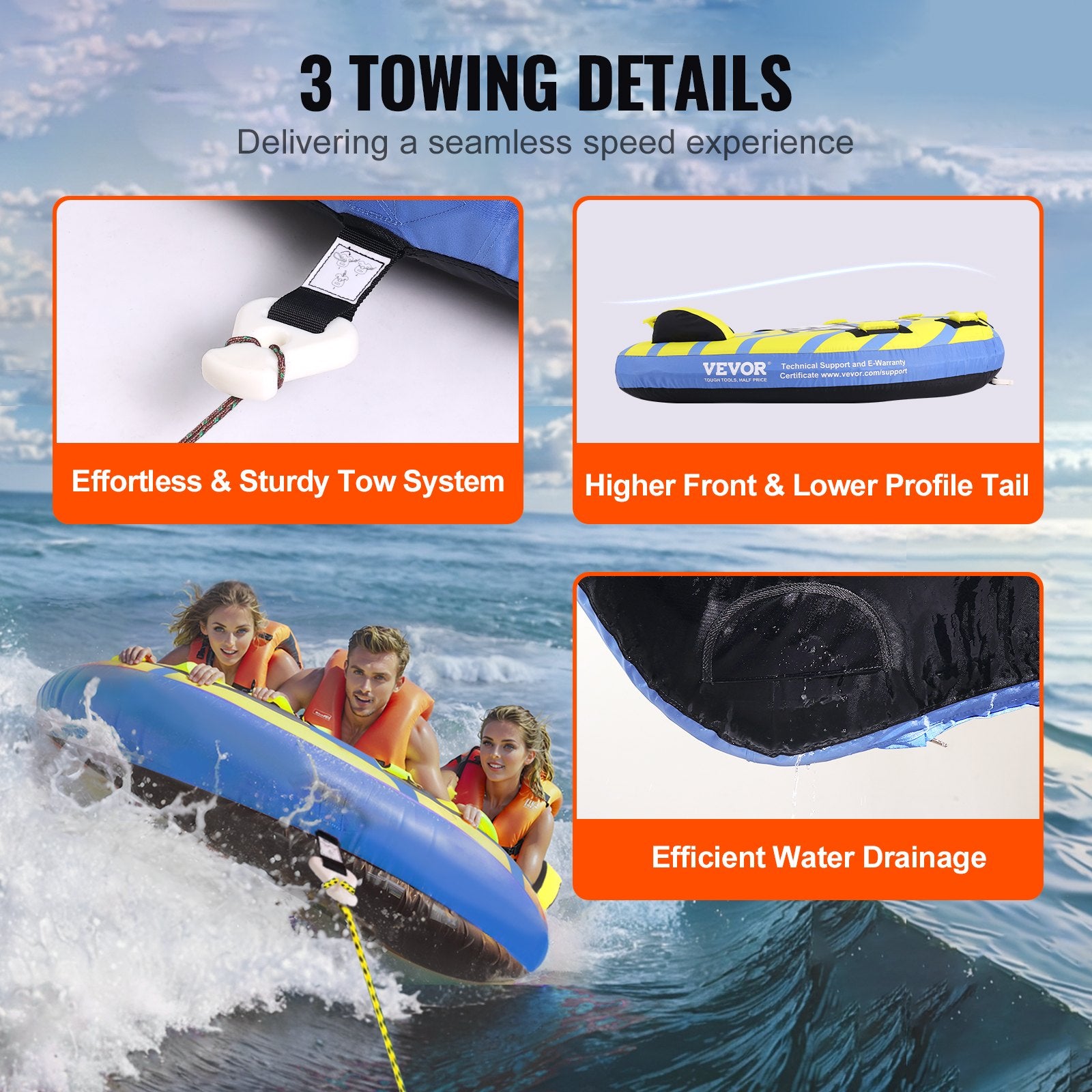 Towable Tube for Boating, 1-3 Riders Inflatable Towable Tube with Bumper Fins, 510 lbs Water Sport Towable Tubes for Boats to Pull, Full Nylon Cover, EVA Grab Handles and Speed Safety Valve - Image 6