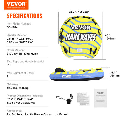 Towable Tube for Boating, 1-3 Riders Inflatable Towable Tube with Bumper Fins, 510 lbs Water Sport Towable Tubes for Boats to Pull, Full Nylon Cover, EVA Grab Handles and Speed Safety Valve - Image 7