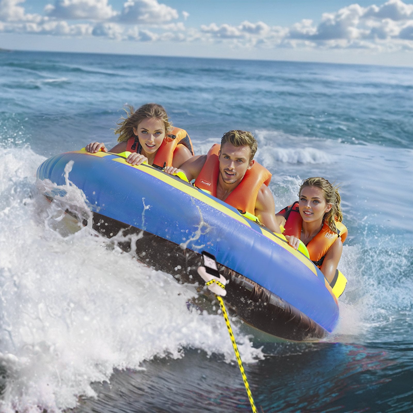 Towable Tube for Boating, 1-3 Riders Inflatable Towable Tube with Bumper Fins, 510 lbs Water Sport Towable Tubes for Boats to Pull, Full Nylon Cover, EVA Grab Handles and Speed Safety Valve - Image 8