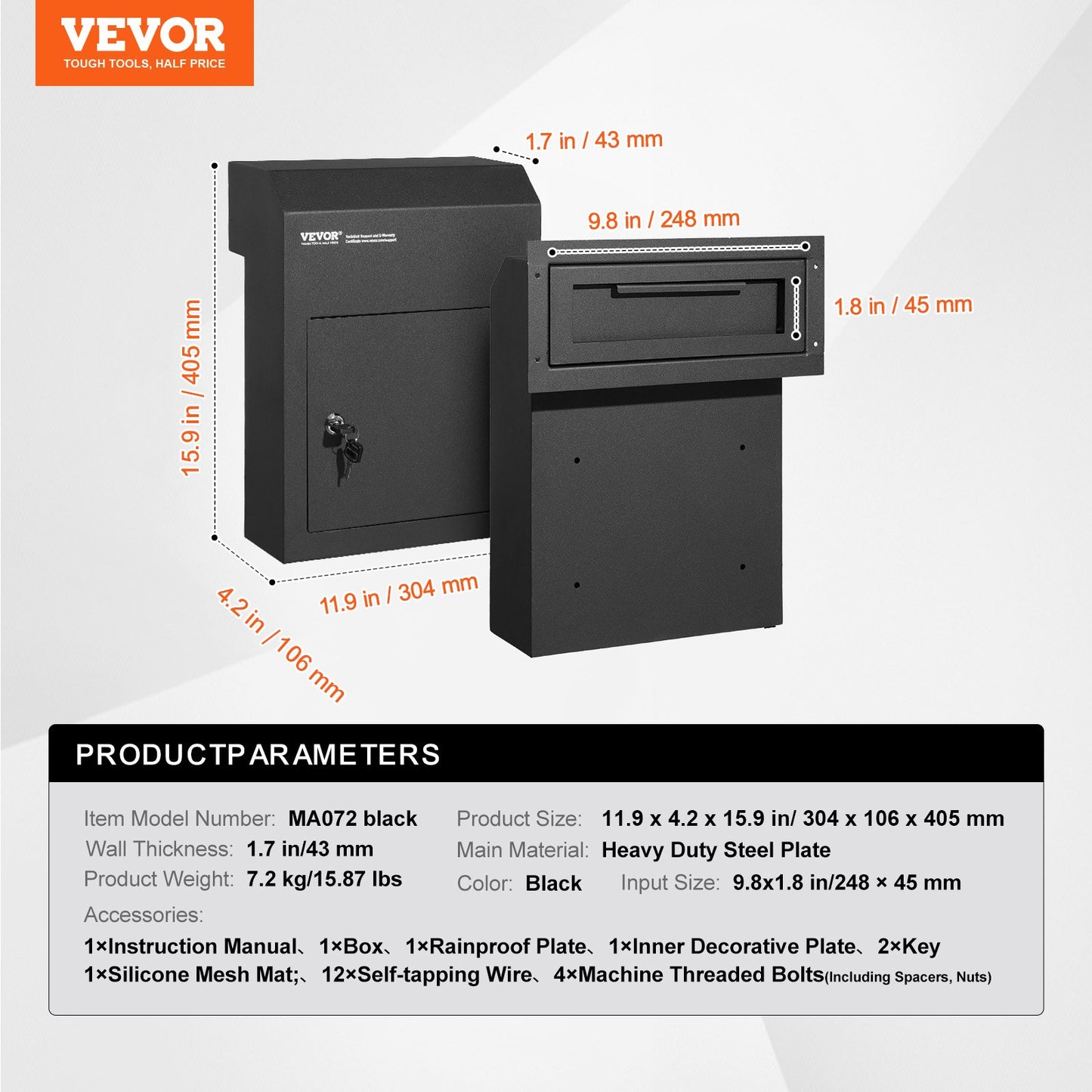 Through The Door Key Drop Box, Heavy Duty Steel Through the Door Mailbox with 1.8" 12" Key Lock, 12x6x16" Mail Drop Box, Black - Image 7