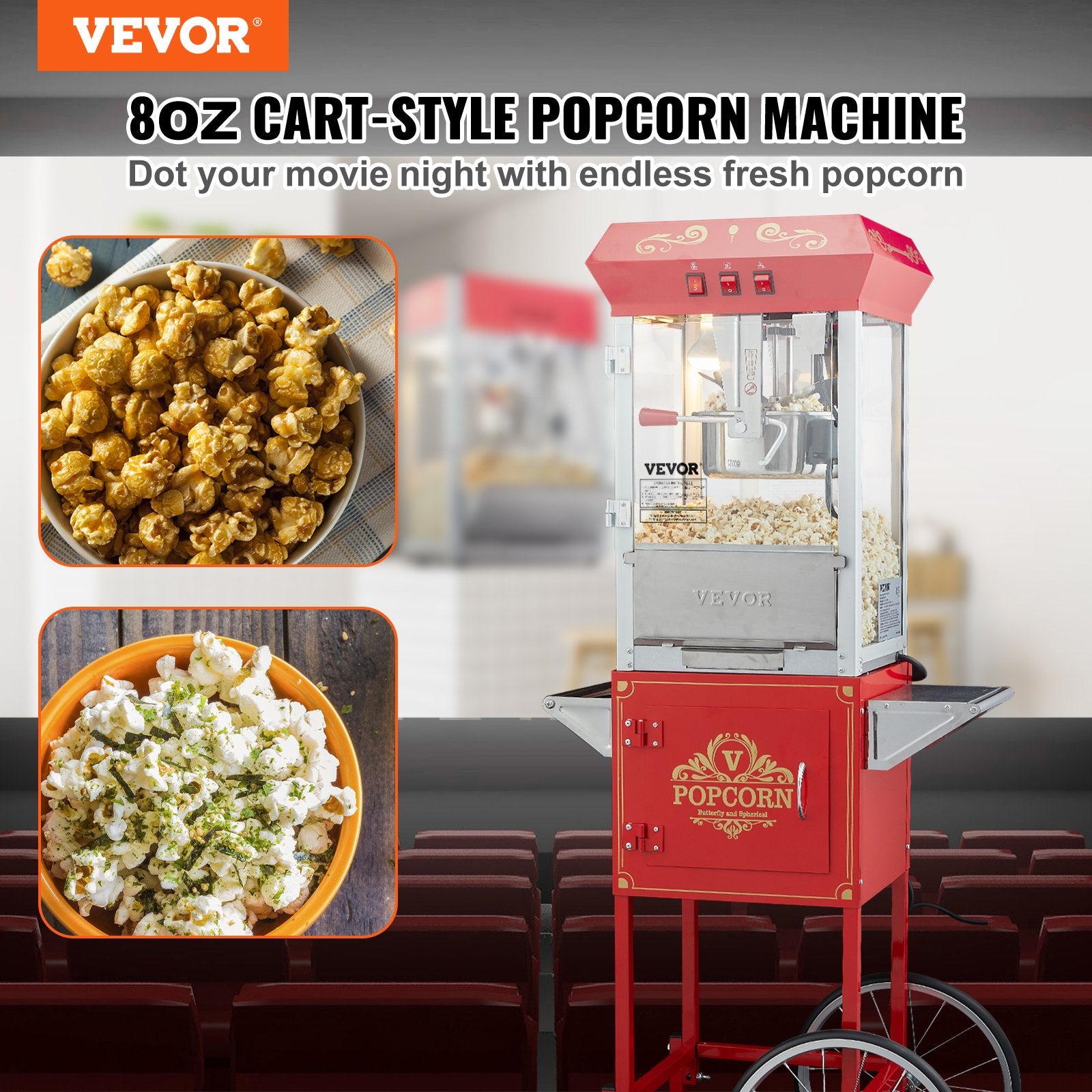 Popcorn Popper Machine with Cart Popcorn Maker 850W 8 Oz 48 Cups Red - Image 2