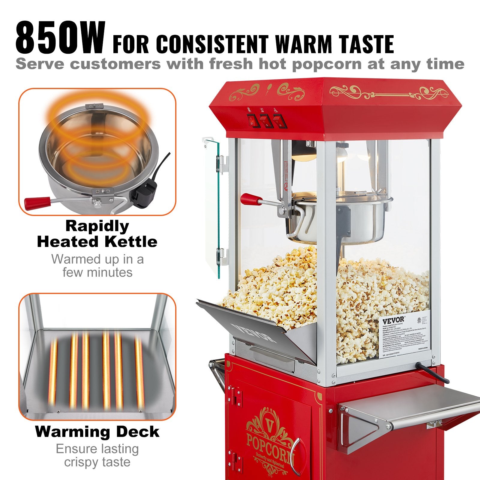 Popcorn Popper Machine with Cart Popcorn Maker 850W 8 Oz 48 Cups Red - Image 4