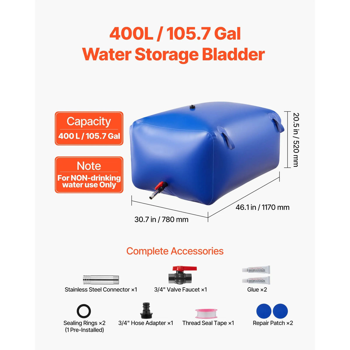 Water Storage Bladder 400L Large Capacity Water Bag, Portable & Collapsible Soft Waters Container, Leakproof & Tear-Resistant PVC Emergency Waters Storage Tank for RV Truck & Outdoor Use - Image 2