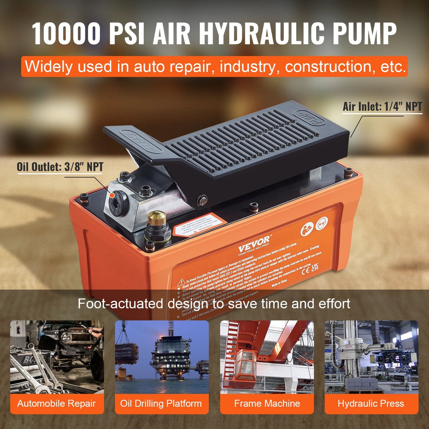 Air Hydraulic Pump, 10,000 PSI 1/2 Gal Reservoir, NPT 3/8" Oil Outlet, NPT 1/4" Inlet, 6.6 ft Pipe, Foot Actuated Hydraulic Pump Air Treadle for Auto Body Frame Machines and Pulling Post, Orange - Image 6