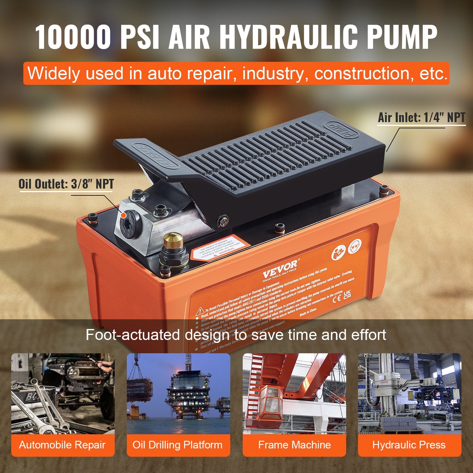 Air Hydraulic Pump, 10,000 PSI 1/2 Gal Reservoir, NPT 3/8" Oil Outlet, NPT 1/4" Inlet, 6.6 ft Pipe, Foot Actuated Hydraulic Pump Air Treadle for Auto Body Frame Machines and Pulling Post, Orange - Image 6