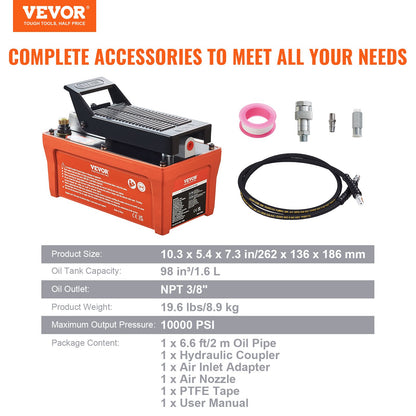 Air Hydraulic Pump, 10,000 PSI 1/2 Gal Reservoir, NPT 3/8" Oil Outlet, NPT 1/4" Inlet, 6.6 ft Pipe, Foot Actuated Hydraulic Pump Air Treadle for Auto Body Frame Machines and Pulling Post, Orange - Image 7