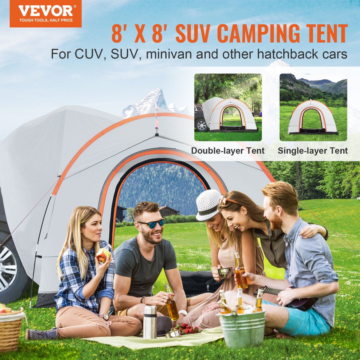 SUV Camping Tent, 8'-8' SUV Tent Attachment for Camping with Rain Layer and Carry Bag, PU2000mm Double Layer Truck Tent, Accommodate 6-8 Person, Rear Tent for Van Hatch Tailgate - Image 2