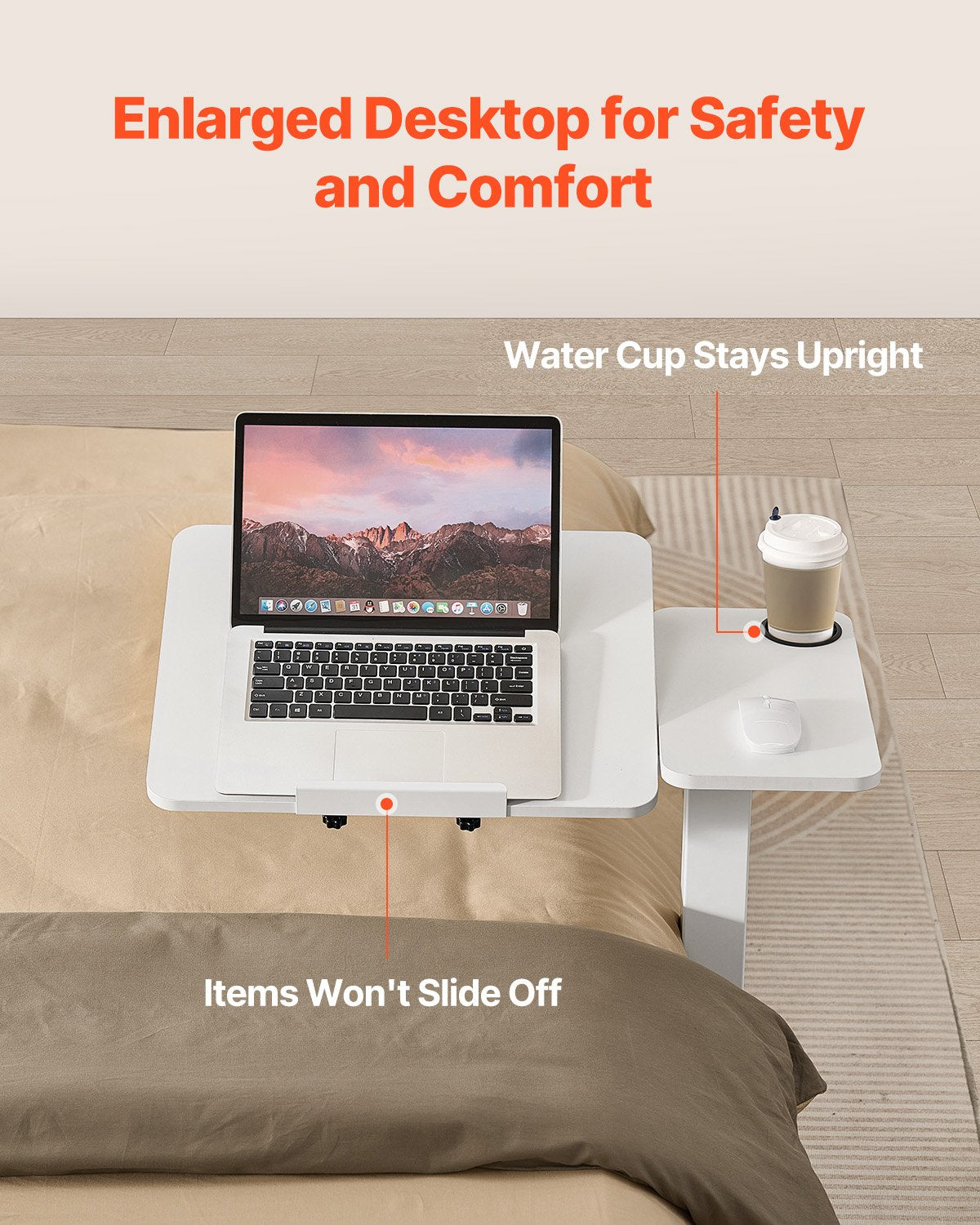 Overbed Table, Mobile Bed Side Table with Flip Desktop and 4 Hidden Wheels, Height & Angle Adjustable Rolling Laptop Desk with Cup Holder, Portable Over Bed Desk for Home, Office, Study, White - Image 4