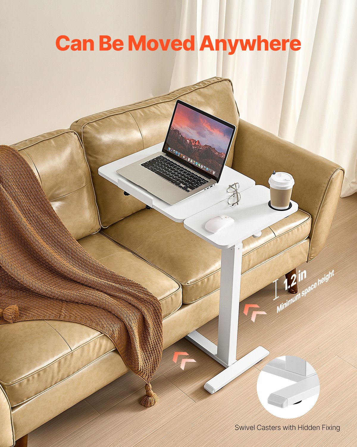 Overbed Table, Mobile Bed Side Table with Flip Desktop and 4 Hidden Wheels, Height & Angle Adjustable Rolling Laptop Desk with Cup Holder, Portable Over Bed Desk for Home, Office, Study, White - Image 5