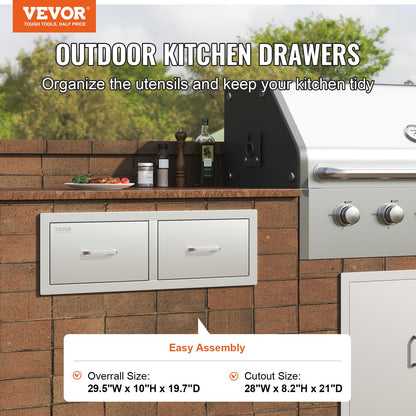 Outdoor Kitchen Drawers 30" W x 10" H x 20" D, Horizontal Double BBQ Access Drawers Stainless Steel with Handle, BBQ Island Drawers for Outdoor Kitchens or Patio Grill Station - Image 2