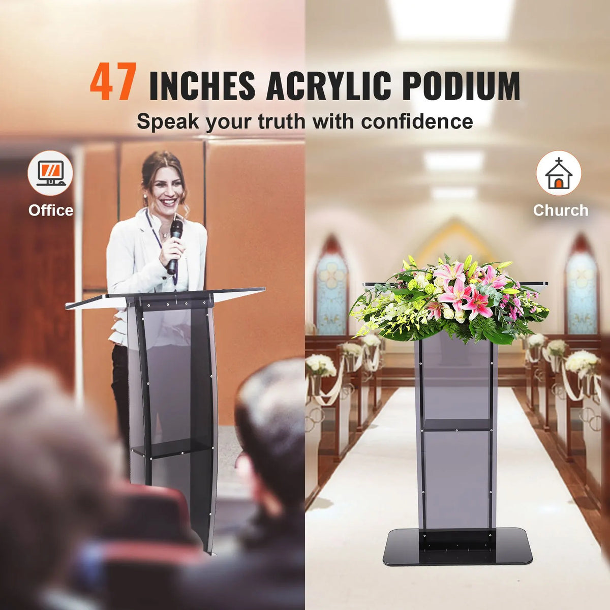 Acrylic Podium, 47" Tall, Acrylic Podium Stand with Wide Reading Surface & Storage Shelf, Floor-standing Clear Pulpits Acrylic for Church Office School, Black - Image 2