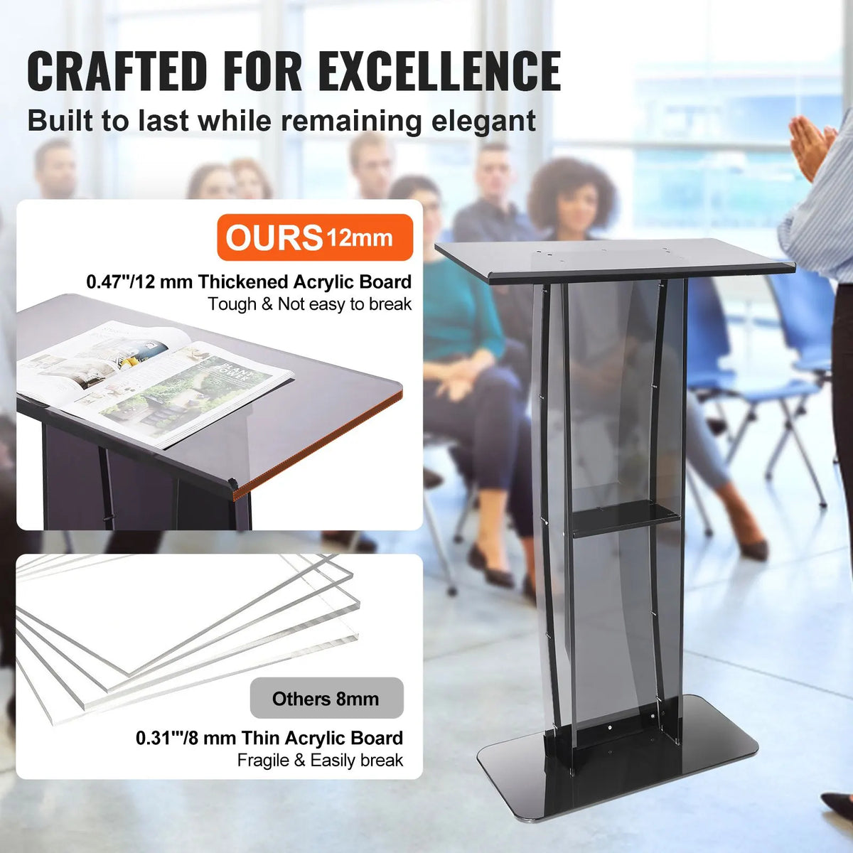 Acrylic Podium, 47" Tall, Acrylic Podium Stand with Wide Reading Surface & Storage Shelf, Floor-standing Clear Pulpits Acrylic for Church Office School, Black - Image 4