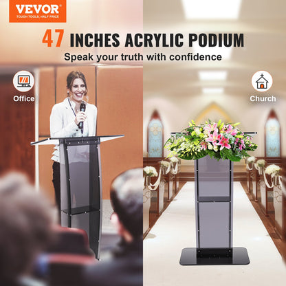 Acrylic Podium, 47" Tall, Acrylic Podium Stand with Wide Reading Surface & Storage Shelf, Floor-standing Clear Pulpits Acrylic for Church Office School, Black - Image 2