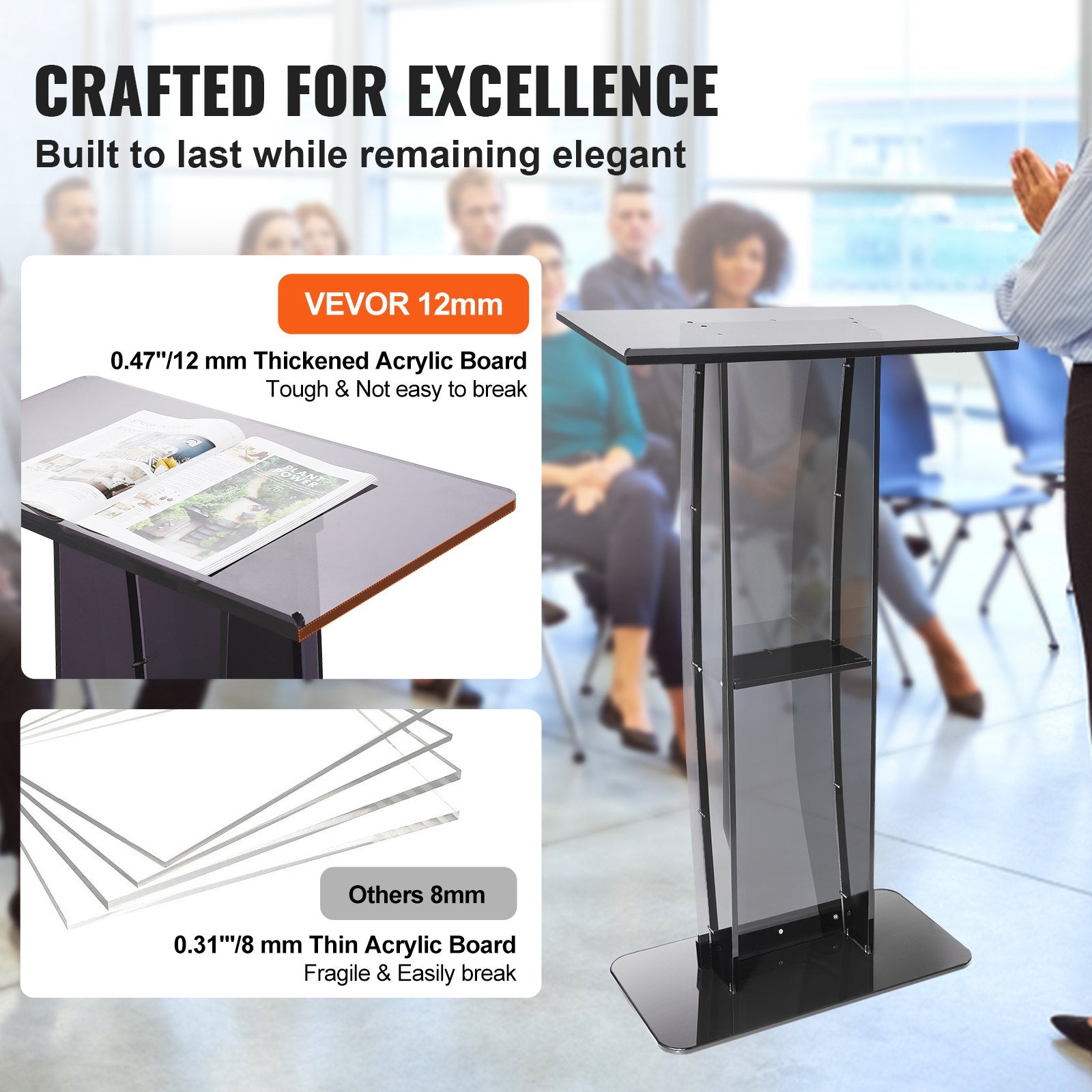 Acrylic Podium, 47" Tall, Acrylic Podium Stand with Wide Reading Surface & Storage Shelf, Floor-standing Clear Pulpits Acrylic for Church Office School, Black - Image 4