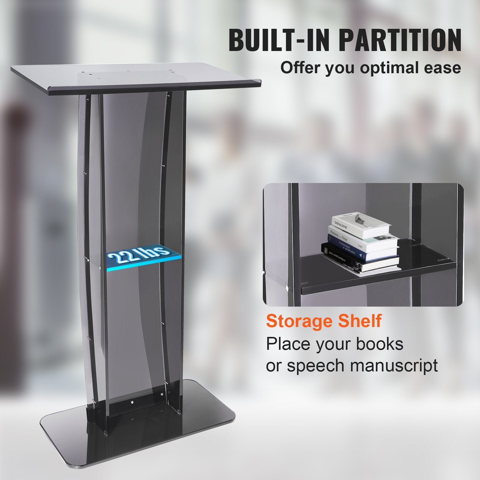 Acrylic Podium, 47" Tall, Acrylic Podium Stand with Wide Reading Surface & Storage Shelf, Floor-standing Clear Pulpits Acrylic for Church Office School, Black - Image 6