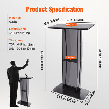 Acrylic Podium, 47" Tall, Acrylic Podium Stand with Wide Reading Surface & Storage Shelf, Floor-standing Clear Pulpits Acrylic for Church Office School, Black - Image 7