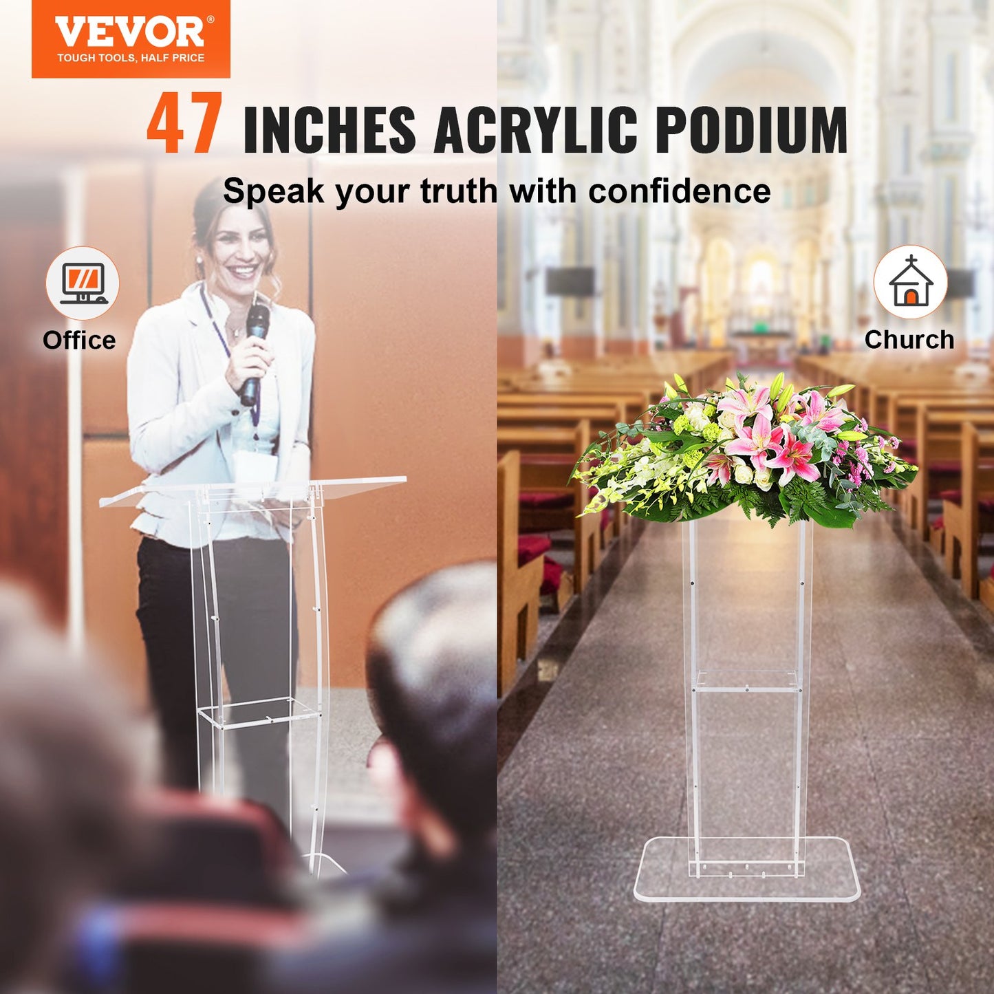 Acrylic Podium, 47" Tall, Clear Acrylic Podium Stand with Wide Reading Surface & Storage Shelf, Floor-standing Clear Pulpits Acrylic for Church Office School - Image 2