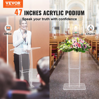 Acrylic Podium, 47" Tall, Clear Acrylic Podium Stand with Wide Reading Surface & Storage Shelf, Floor-standing Clear Pulpits Acrylic for Church Office School - Image 2