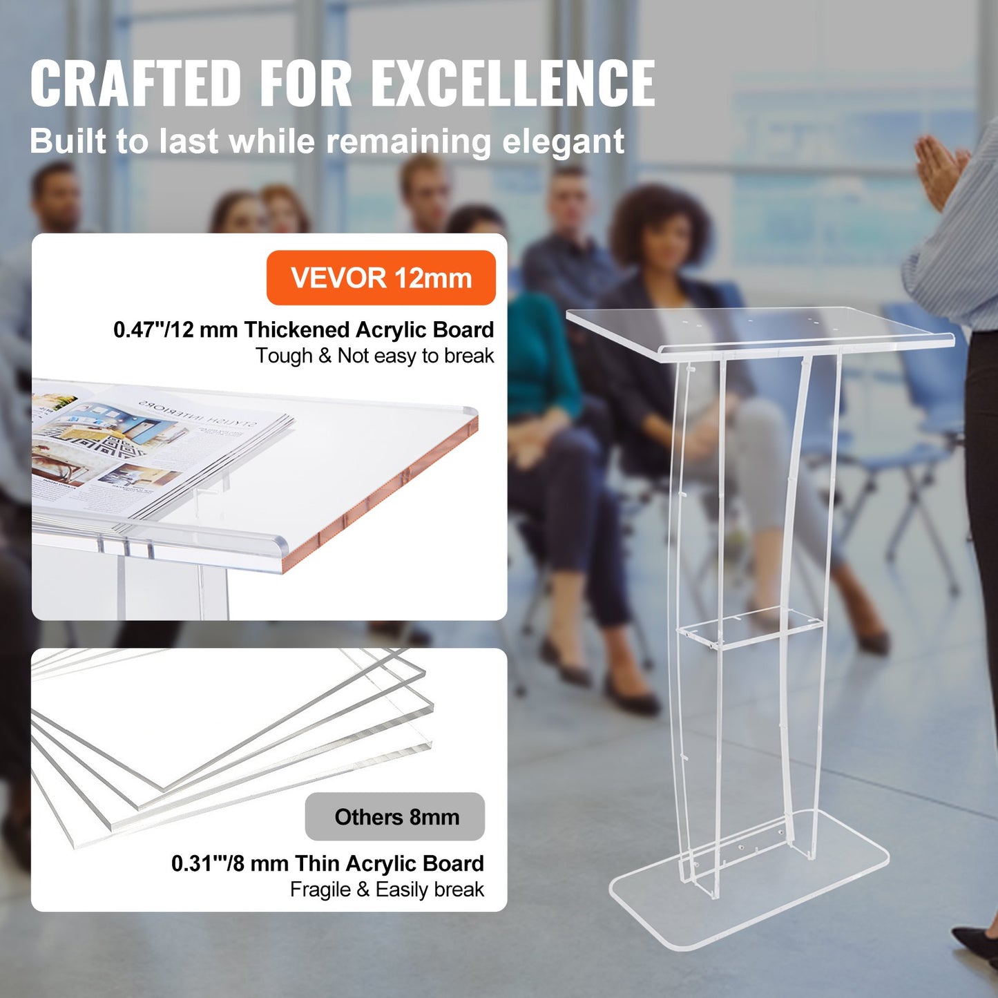 Acrylic Podium, 47" Tall, Clear Acrylic Podium Stand with Wide Reading Surface & Storage Shelf, Floor-standing Clear Pulpits Acrylic for Church Office School - Image 4