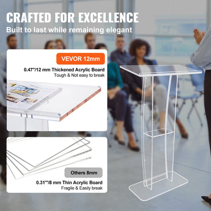 Acrylic Podium, 47" Tall, Clear Acrylic Podium Stand with Wide Reading Surface & Storage Shelf, Floor-standing Clear Pulpits Acrylic for Church Office School - Image 4