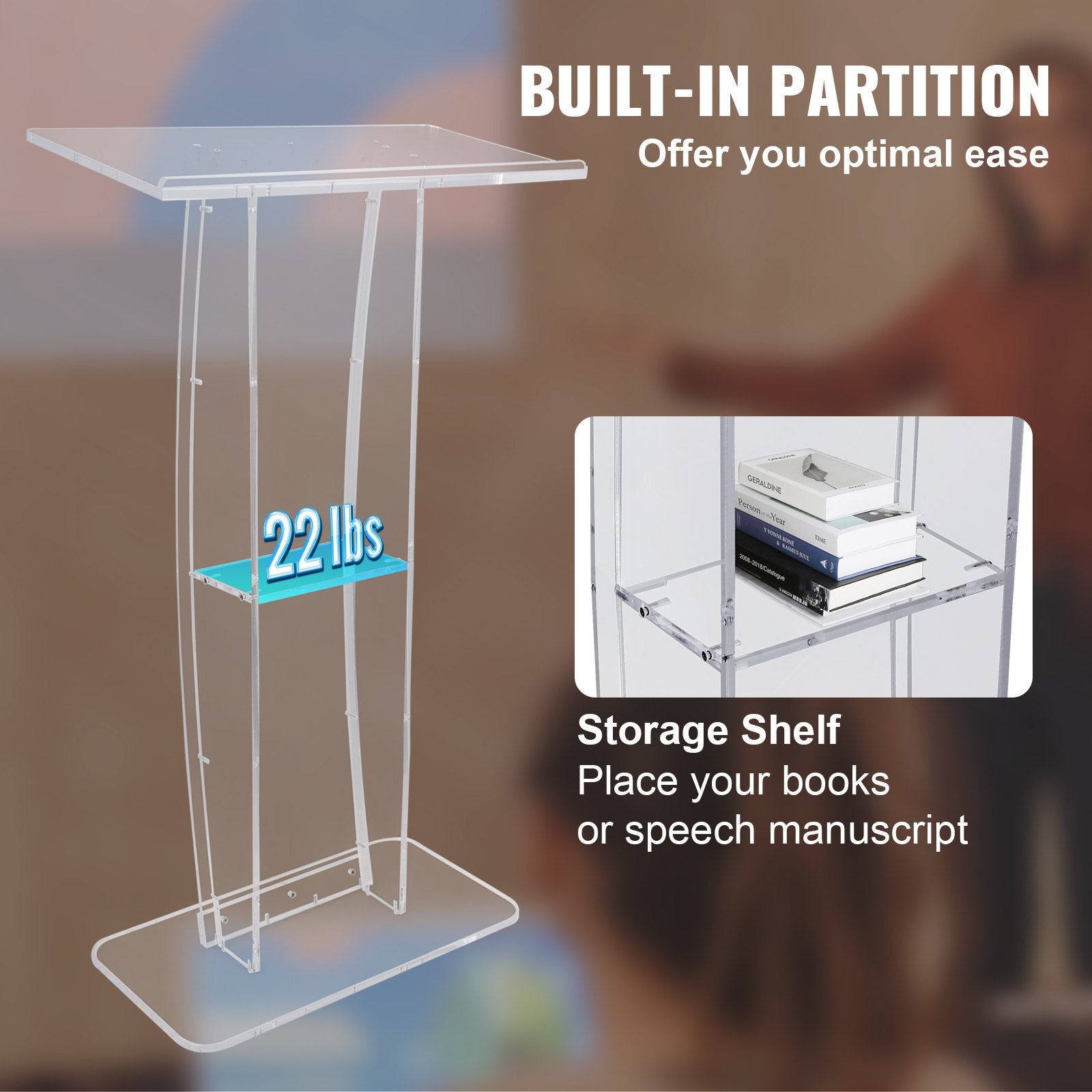 Acrylic Podium, 47" Tall, Clear Acrylic Podium Stand with Wide Reading Surface & Storage Shelf, Floor-standing Clear Pulpits Acrylic for Church Office School - Image 6