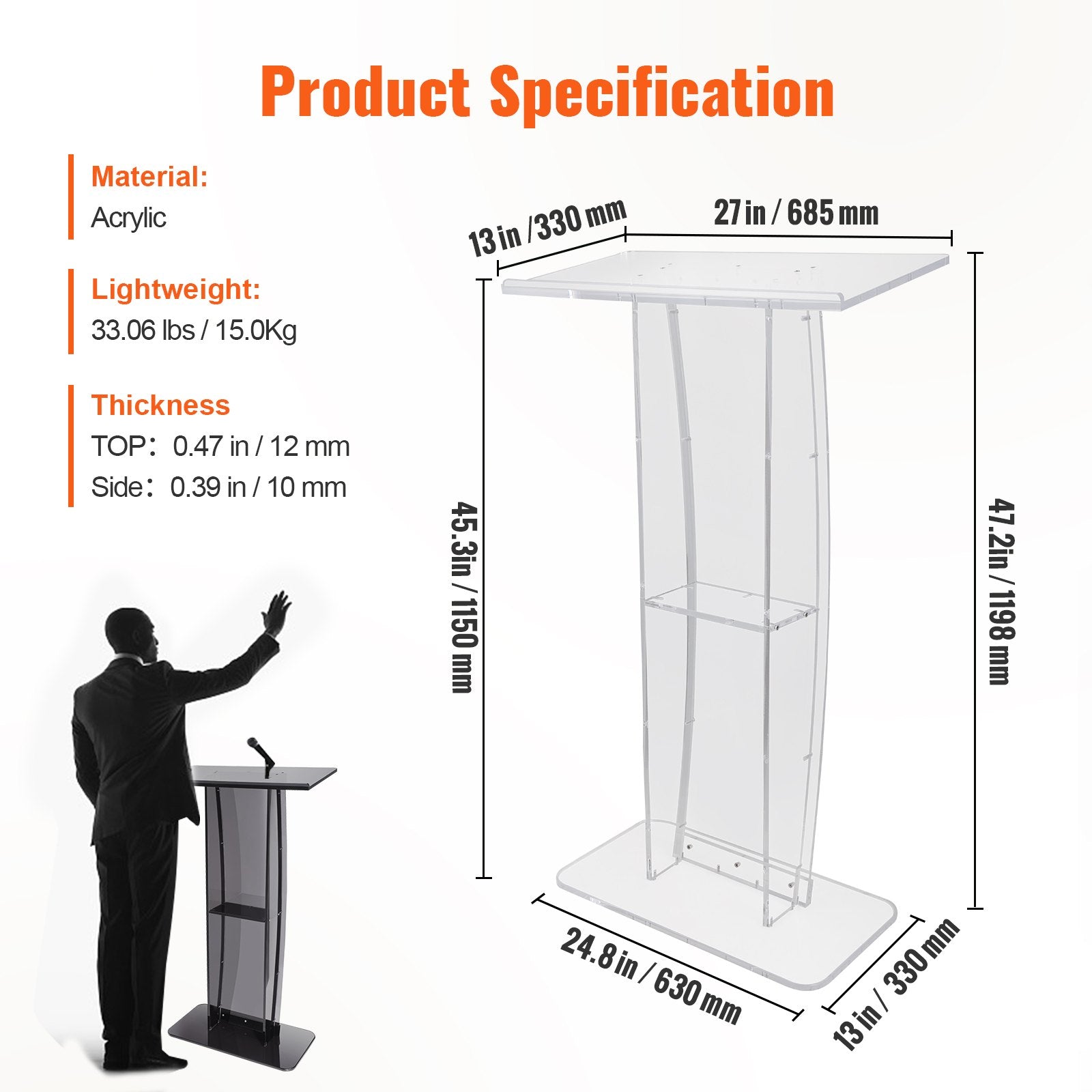Acrylic Podium, 47" Tall, Clear Acrylic Podium Stand with Wide Reading Surface & Storage Shelf, Floor-standing Clear Pulpits Acrylic for Church Office School - Image 7